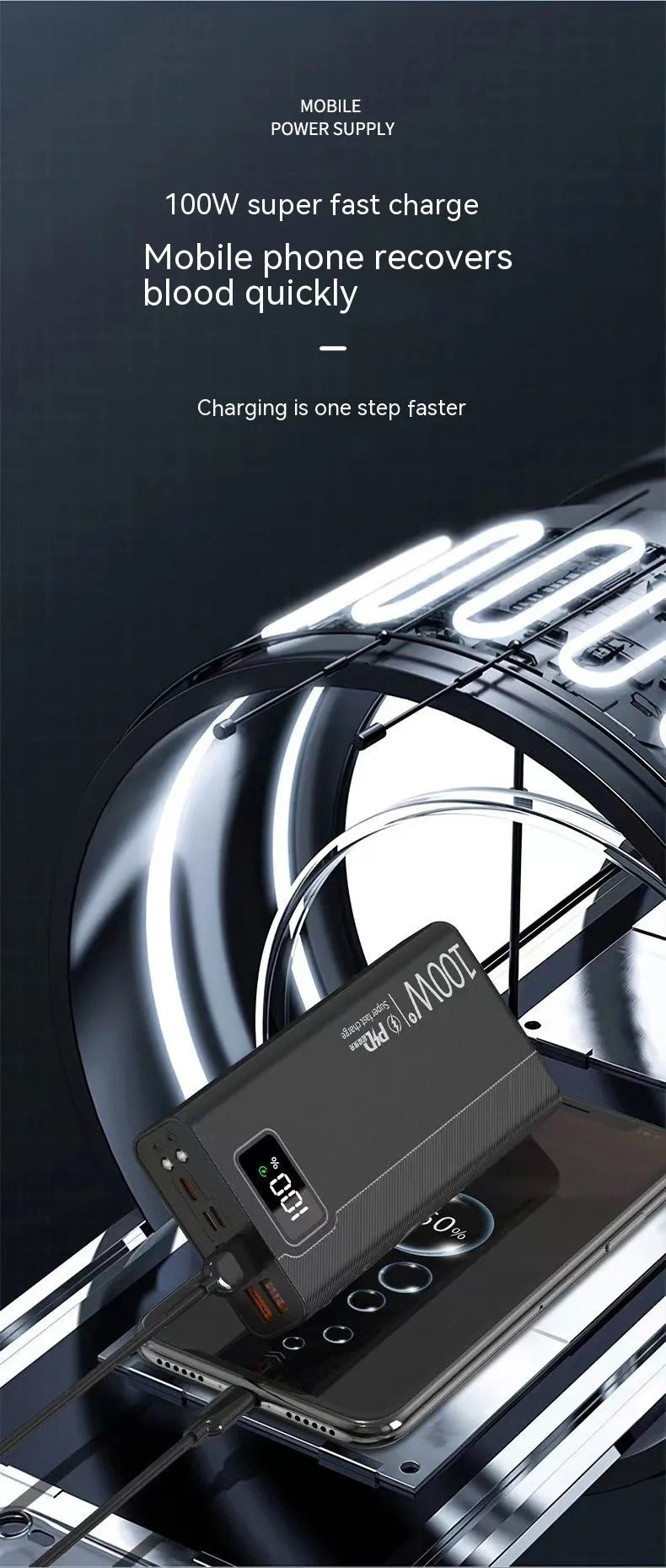 Large capacity power bank in black or white plastic shell with fast charging capability
