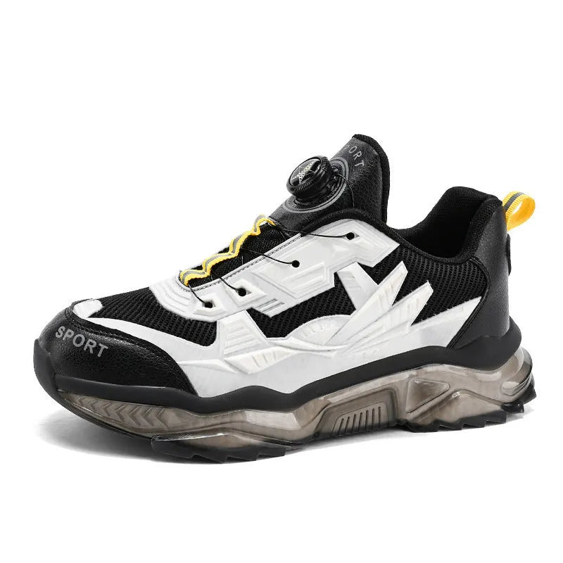 Men's black rotating button casual shoes with mesh upper and platform sole for height increase