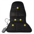 Black heating massage mat with infrared physiotherapy and variable speed control on seat cushion