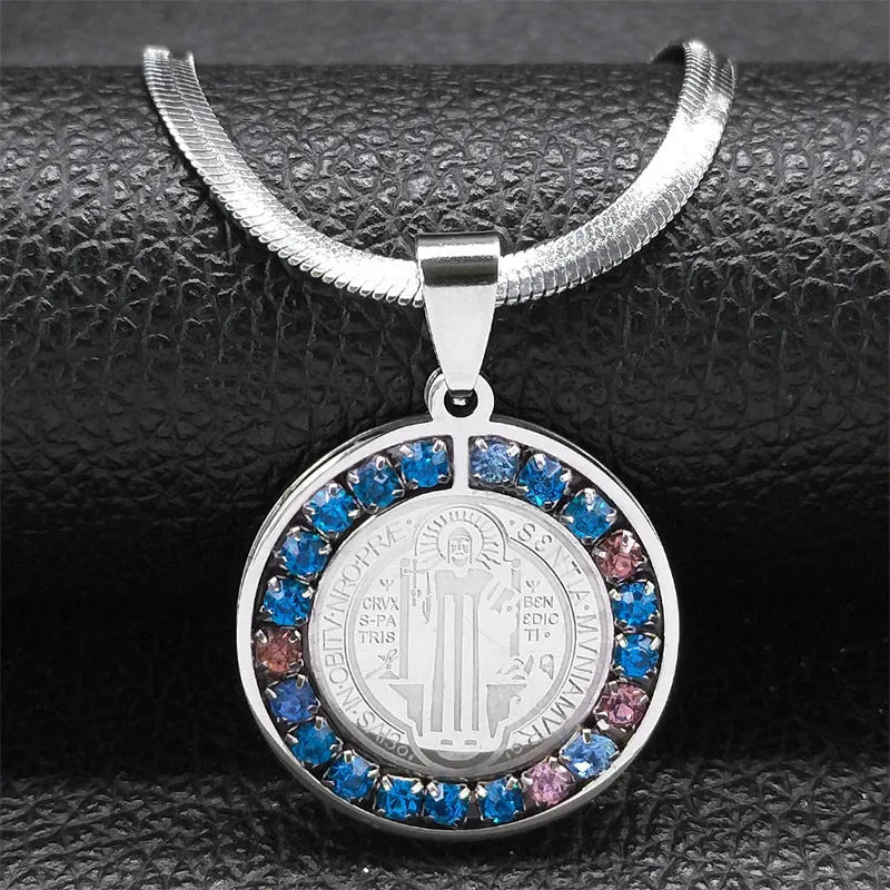 Stainless steel Saint Benedict medal pendant on a 50cm blade chain in gold finish