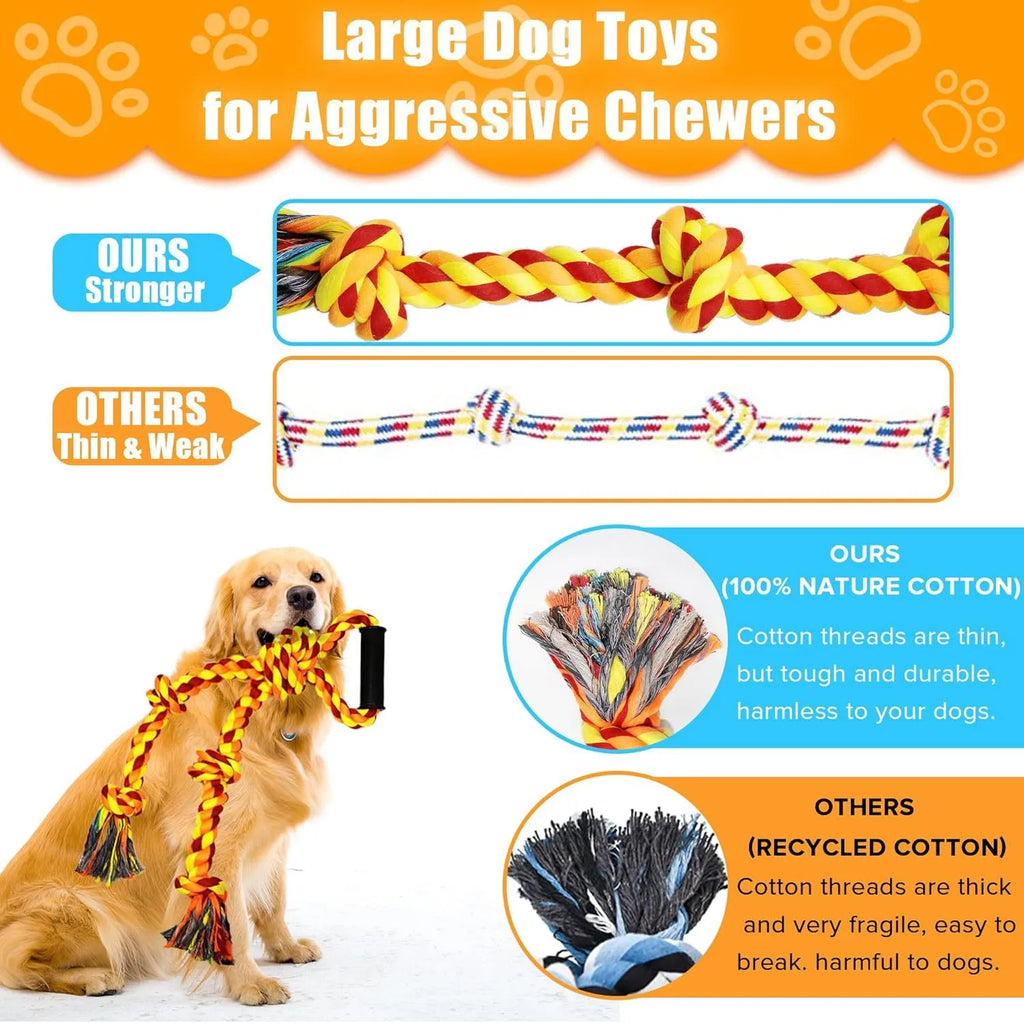 Blue and yellow durable cotton rope dog toy with handle for large breed aggressive chewers