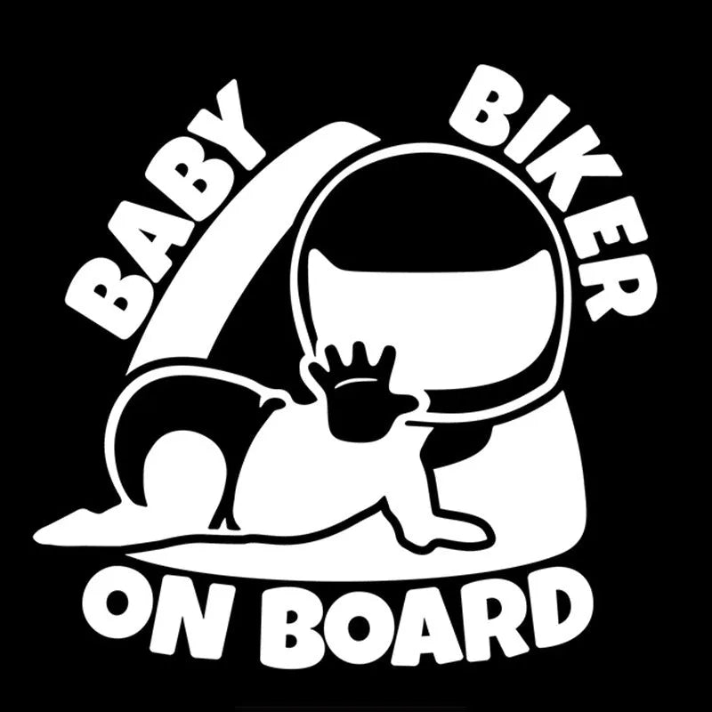 Black and white reflective Baby On Board warning sticker for car window measuring 14.5 by 15 cm.