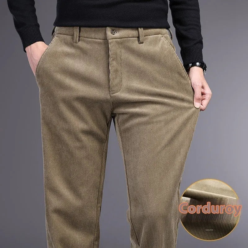 British retro striped straight leg trousers in a chemical fibre blend, shown in khaki colour.