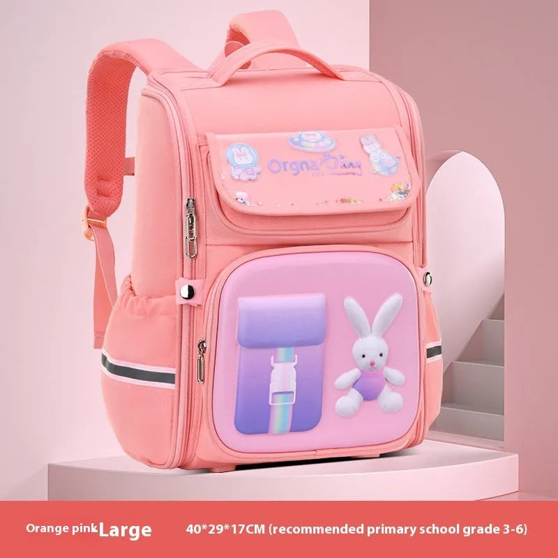 Children's large cartoon backpack in animal print with airpillow straps, shown in rabbit pink colour.