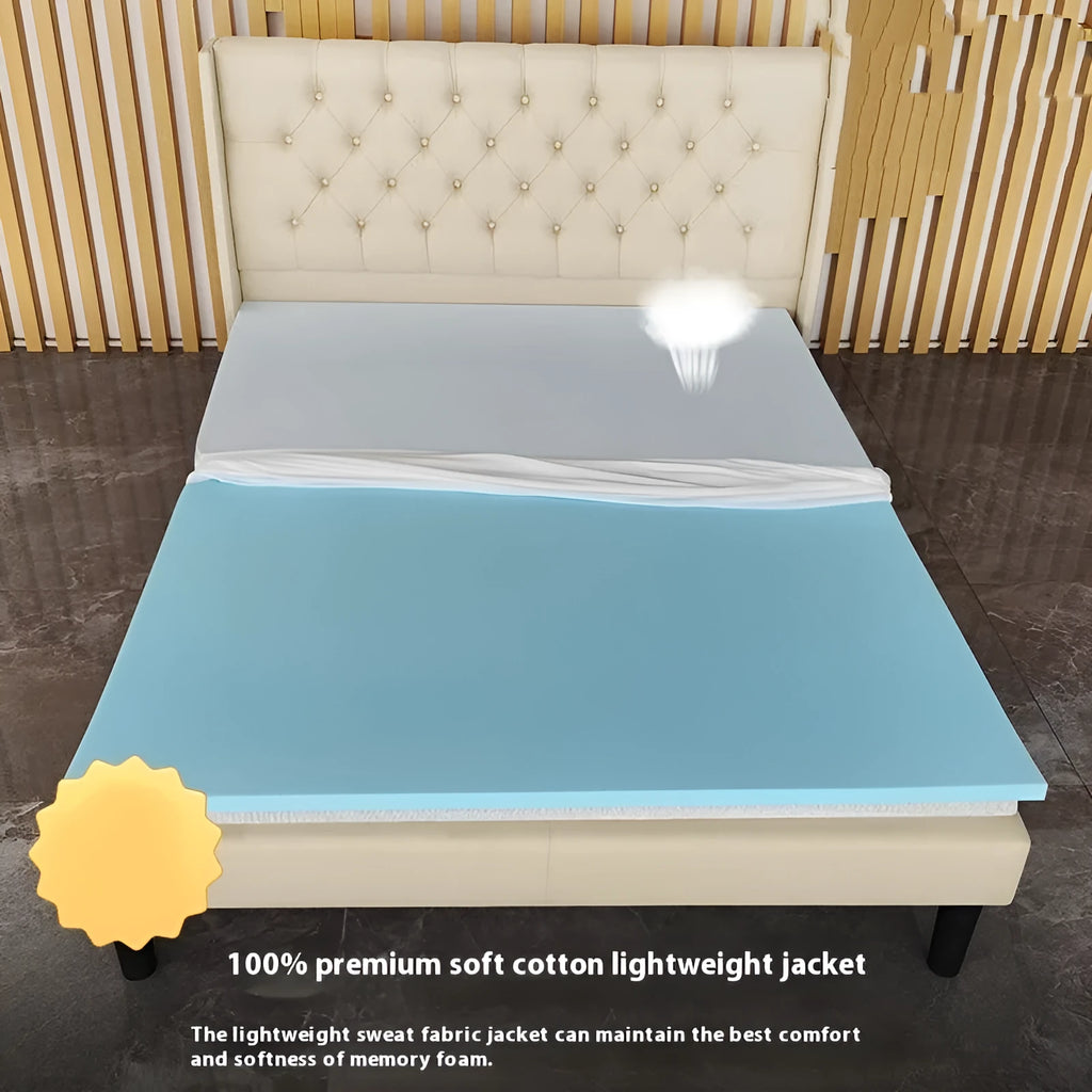 Gel memory cotton mattress topper in multiple sizes and thickness options on a bed.