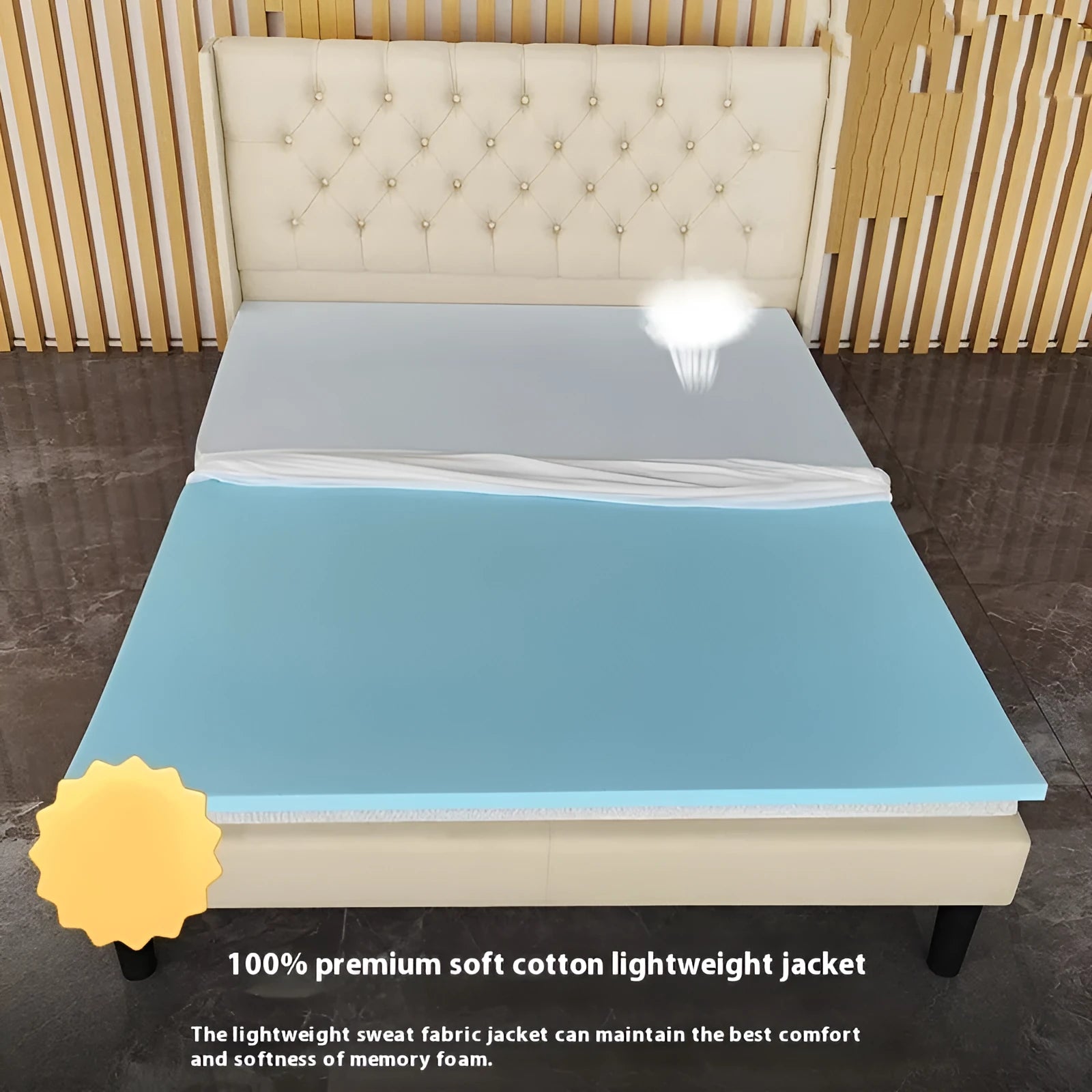 Gel memory cotton mattress topper in multiple sizes and thickness options on a bed.