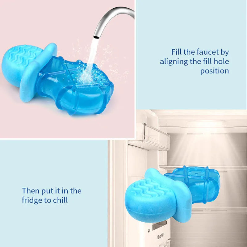 Dog cooling toy set with water-filled ice sticks and three teething toy shapes: pacifier, popsicle, and ring