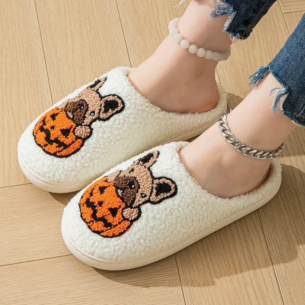 Halloween pumpkin slippers with TPR rubber soles in black or white colours for indoor outdoor wear