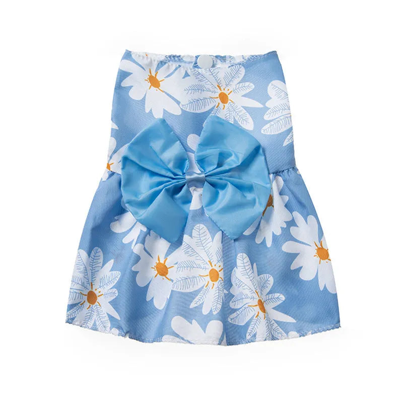Ultra-thin light orange polyester pet dress for dogs or cats with a floral butterfly knot and bow.