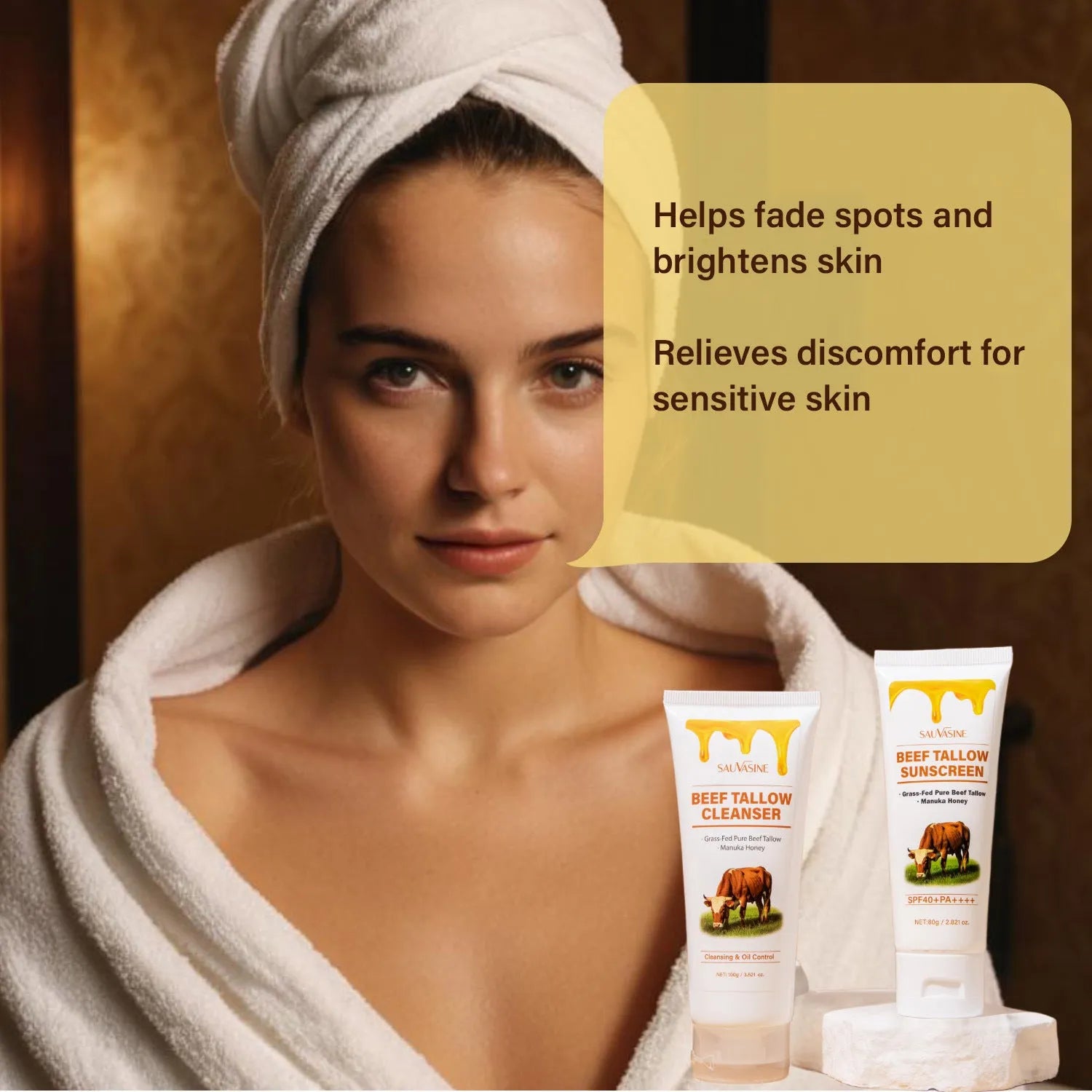 Seven-piece beef tallow skincare set showing facial cleanser, face cream, lip balm, body lotion and facial scrub