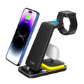 Black vertical wireless charger with a phone and smartwatch charging on it