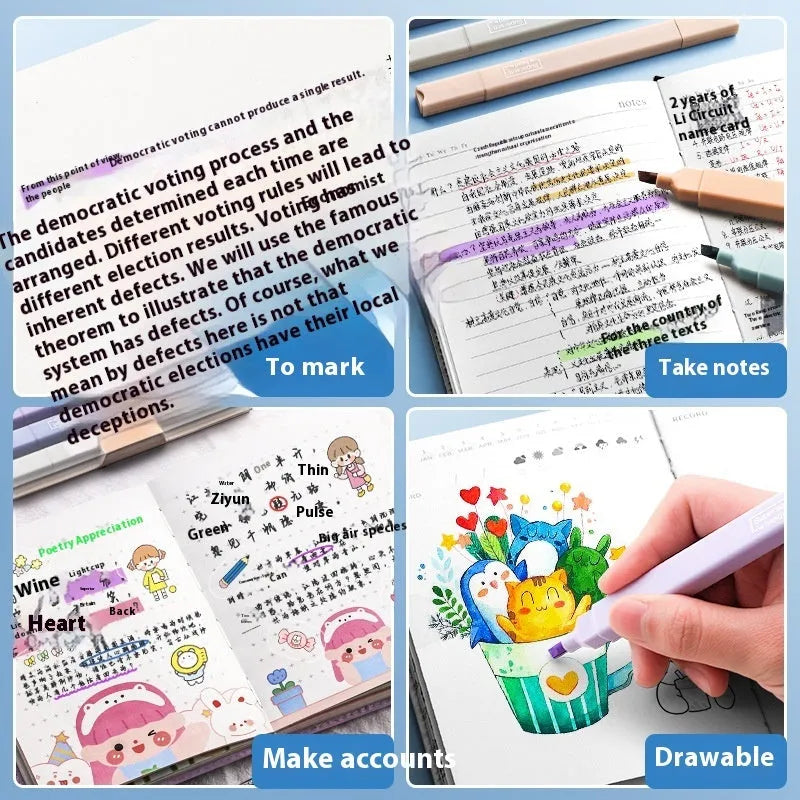 Set of double-ended fluorescent marker pens showing two coloured tips, in mixed and themed pack options.