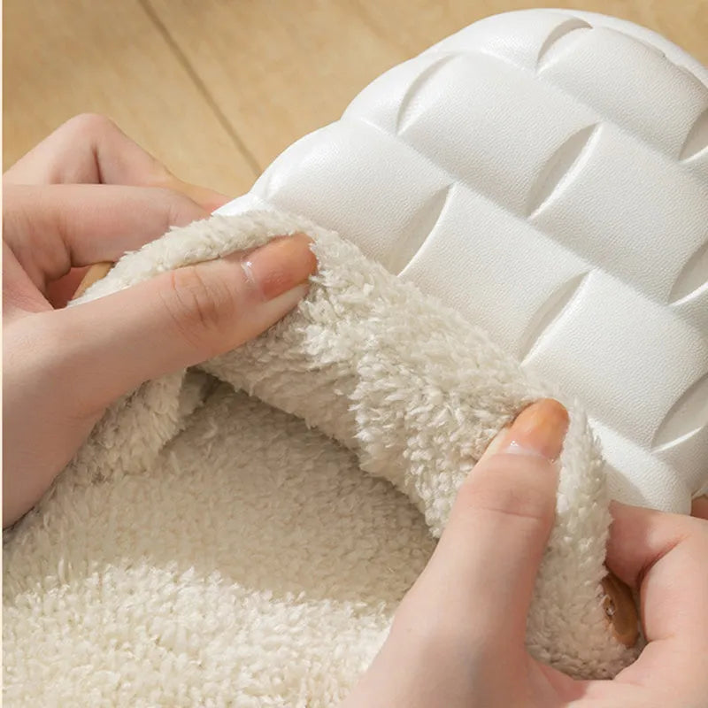 Detachable EVA slippers with plush lining in multiple colours showing round toe and flat heel design
