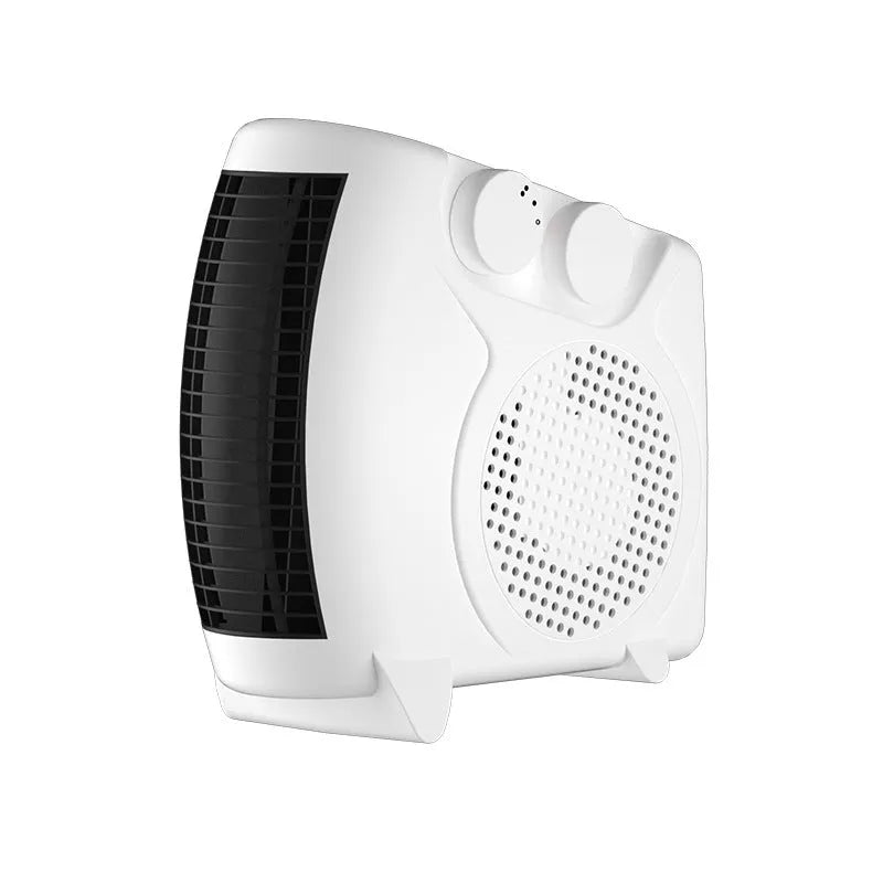 Slim white electric heater for desktop use with two speed settings.