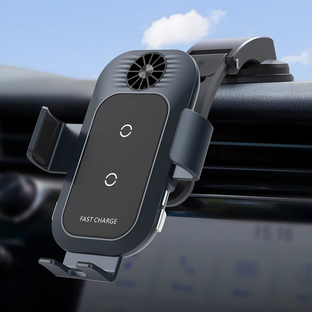 Black car wireless phone charger mounted on a vehicle air vent, showing phone held in auto-clamp.