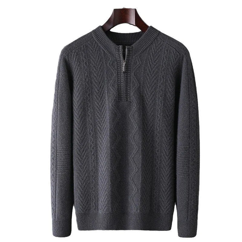 Men's diamond pattern wool half zip sweater in camel colour shown on model