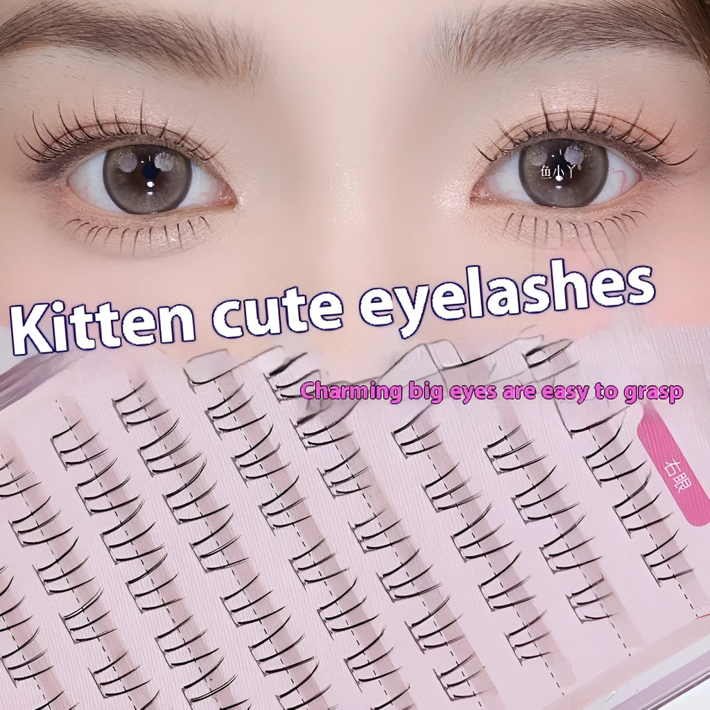 Kitten's paw style false eyelashes with lower lashes on a 12-row segmented sheer root band.