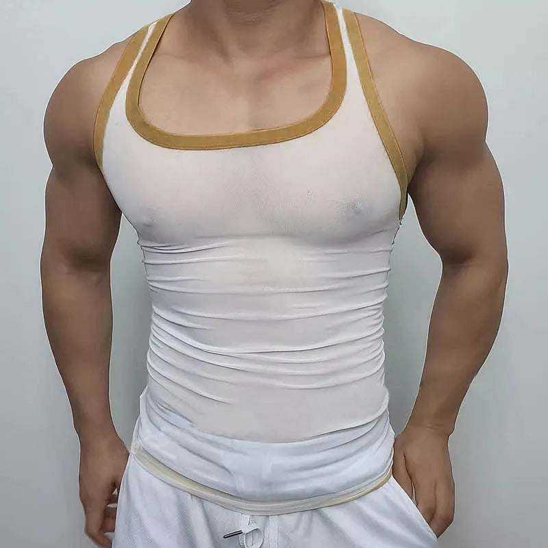 Men's solid colour polyester mesh fitness vest in white, showing straight hem design.