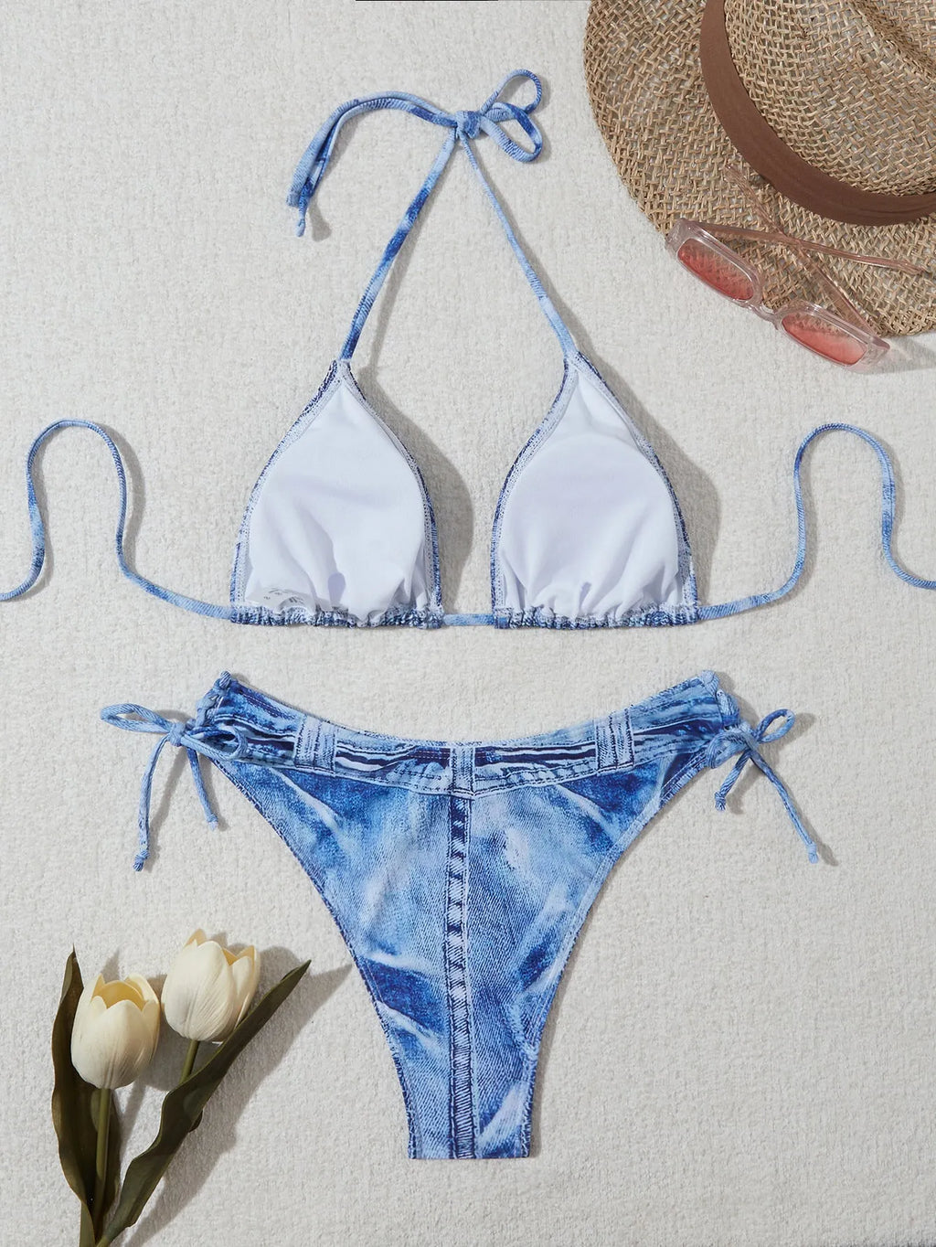 Women's denim printed bikini set with strap design in denim blue colour