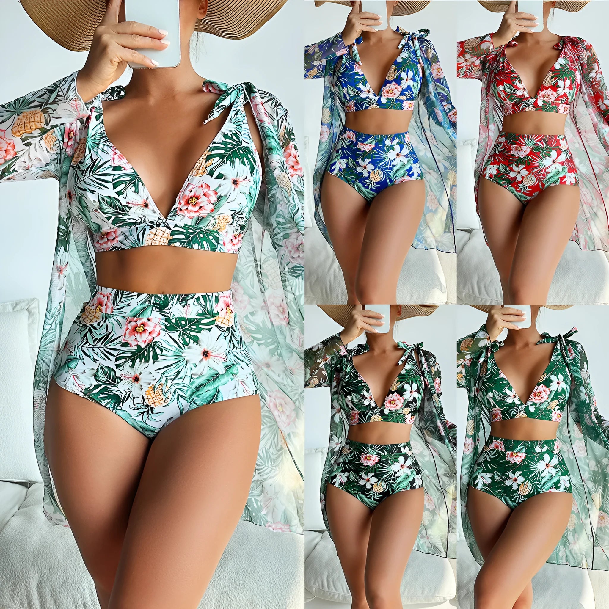 Women's multicolour printed bikini three-piece swimsuit set with high elasticity fabric