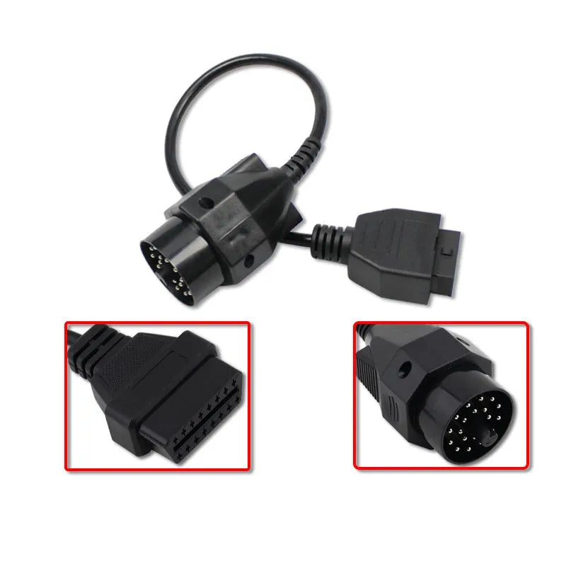 BMW OBD2 diagnostic connector cable showing 20-pin and 16-pin ends for vehicle scanner connection
