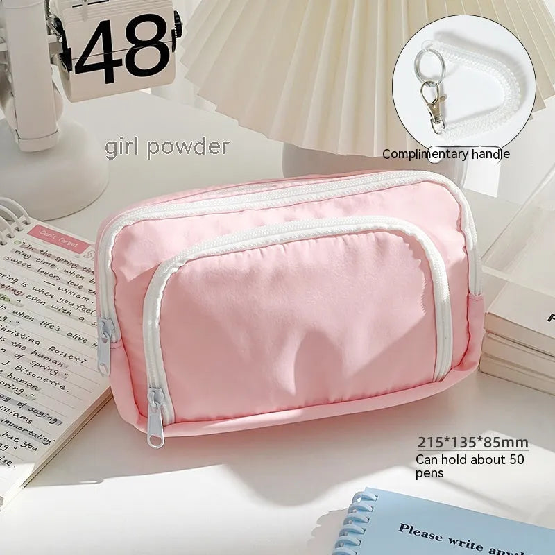 Double layer pencil case in blue, cream, green or pink with gift handle for stationery organisation