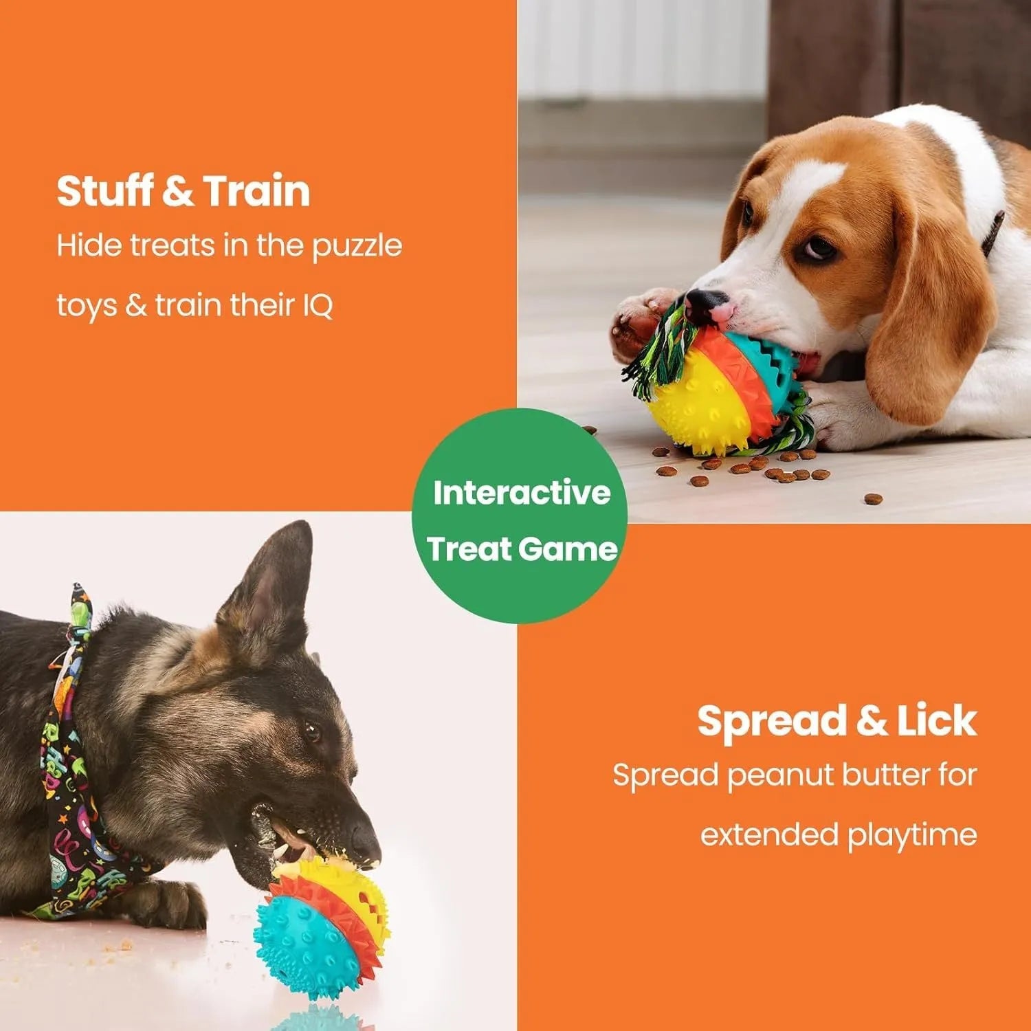 Blue and red TPR rubber dog chew toy with treat dispenser hole and textured surface for aggressive chewers