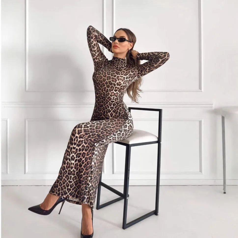 Leopard print long sleeve dress with stand collar and high waist design in milk silk polyester fabric