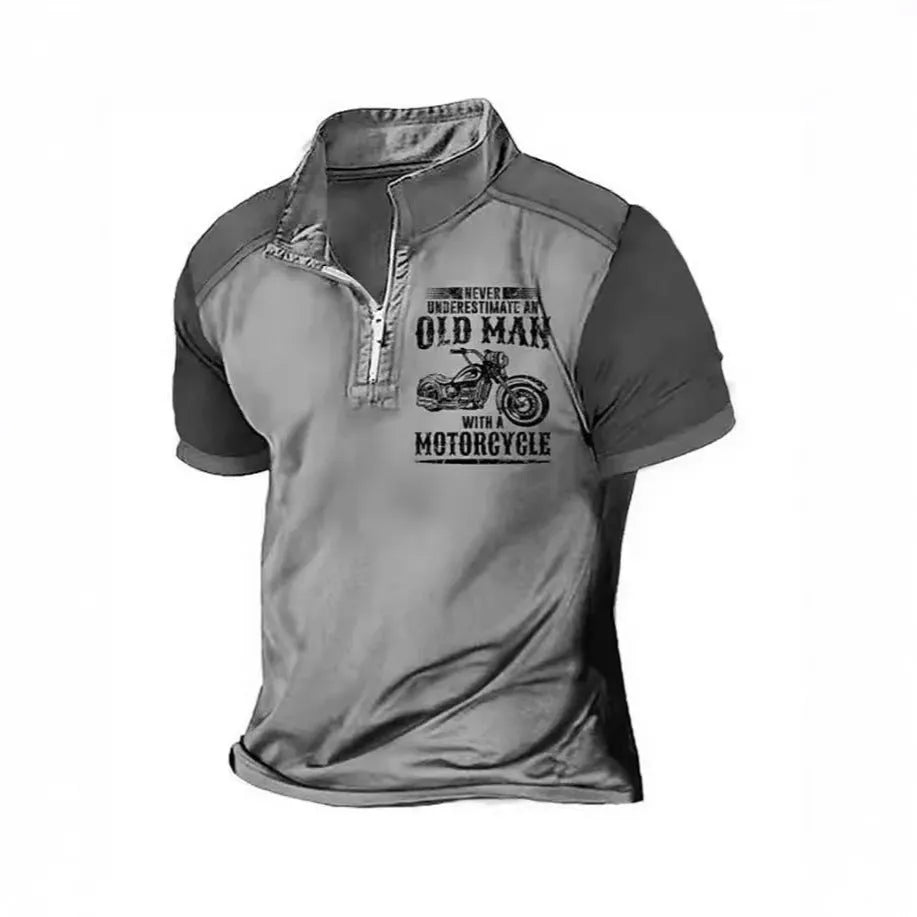 Men's casual blue polo shirt with white digital letter print and silver zipper decorations on the lapel.