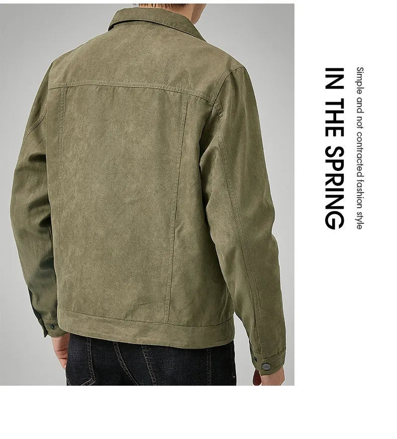 Men's casual brushed suede slim fit jacket in khaki, with shirt sleeves and topstitching slit pockets