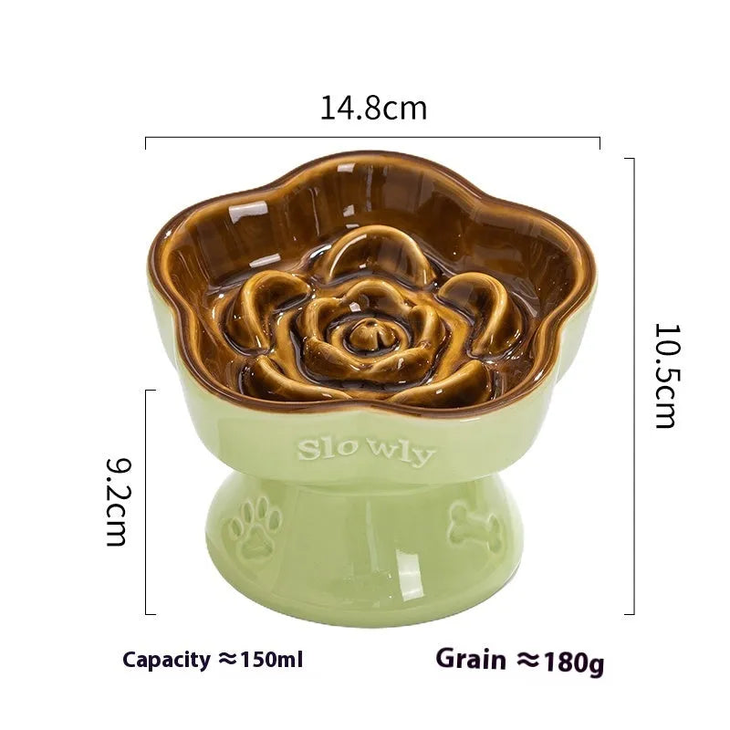 Ceramic pet bowl with high foot design showing anti-tumble stability feature