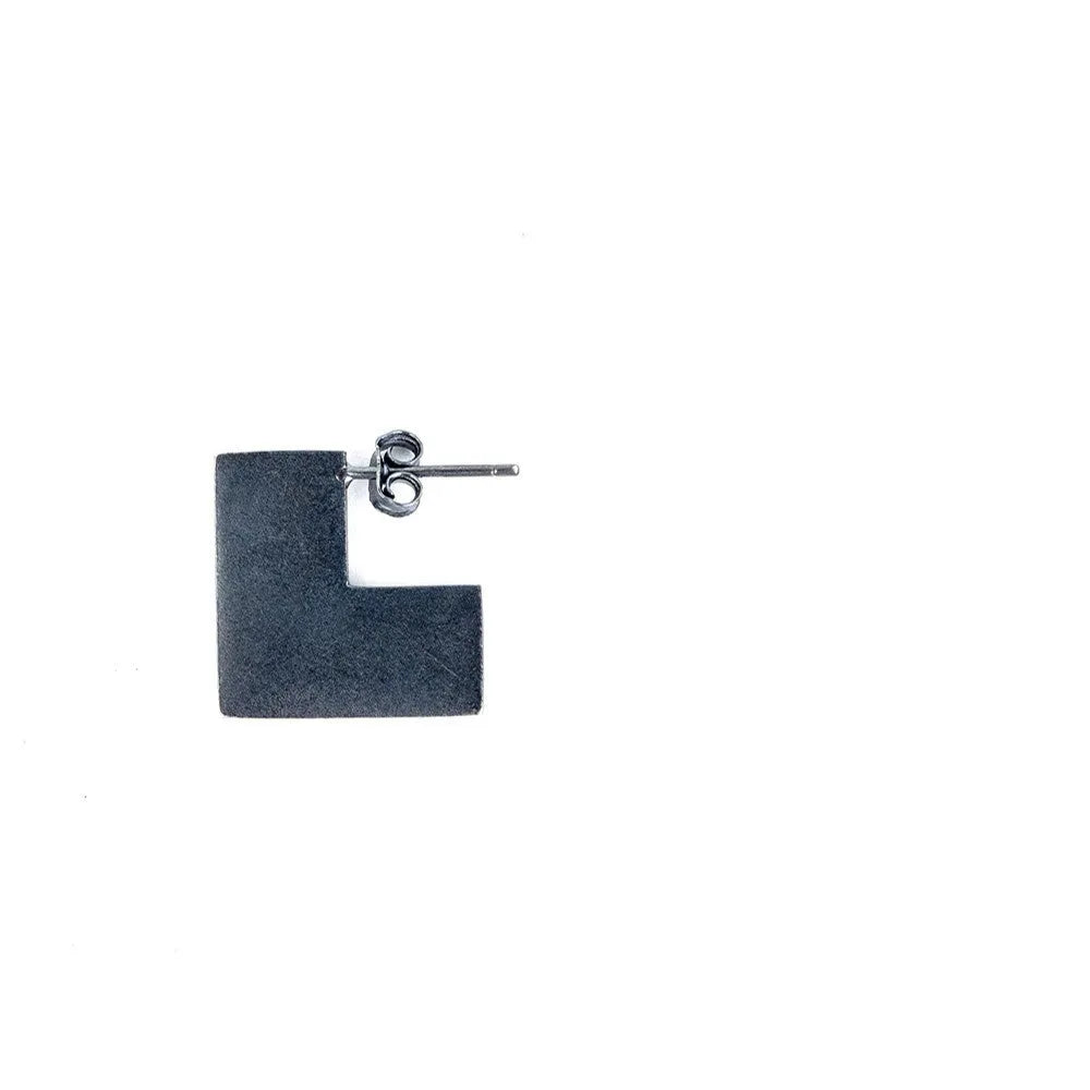 Oxidised black geometry square sterling silver earrings showing minimalist design and 16mm size