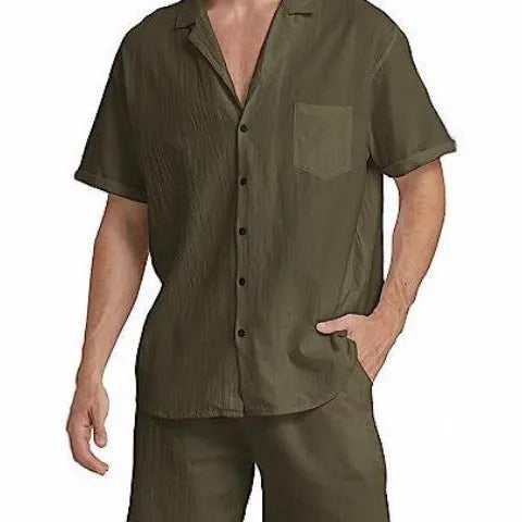 Men's flax linen short-sleeved top and matching shorts suit laid flat, shown in army green colour.