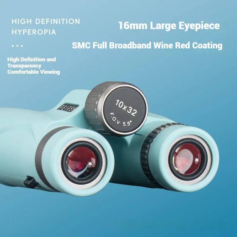 Blue and grey 10x32 compact binoculars with wine red film imaging on a table.