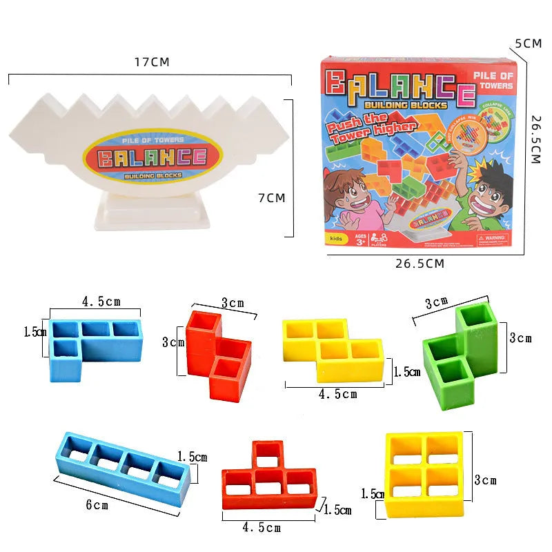 Plastic balance stacking game with 16 coloured building blocks on a chassis