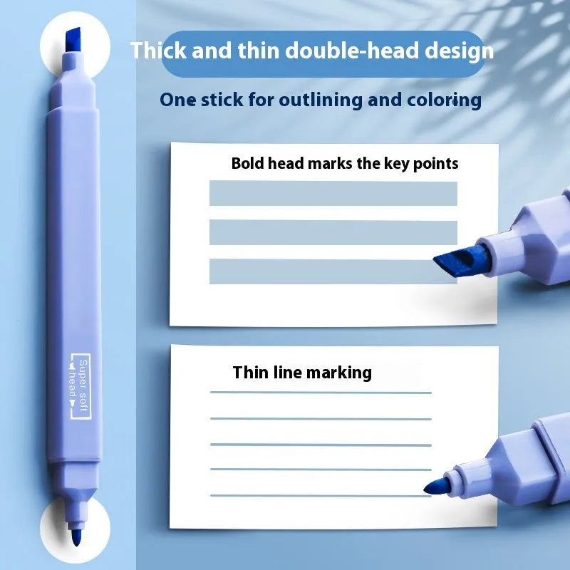 Set of double-ended fluorescent marker pens showing two coloured tips, in mixed and themed pack options.