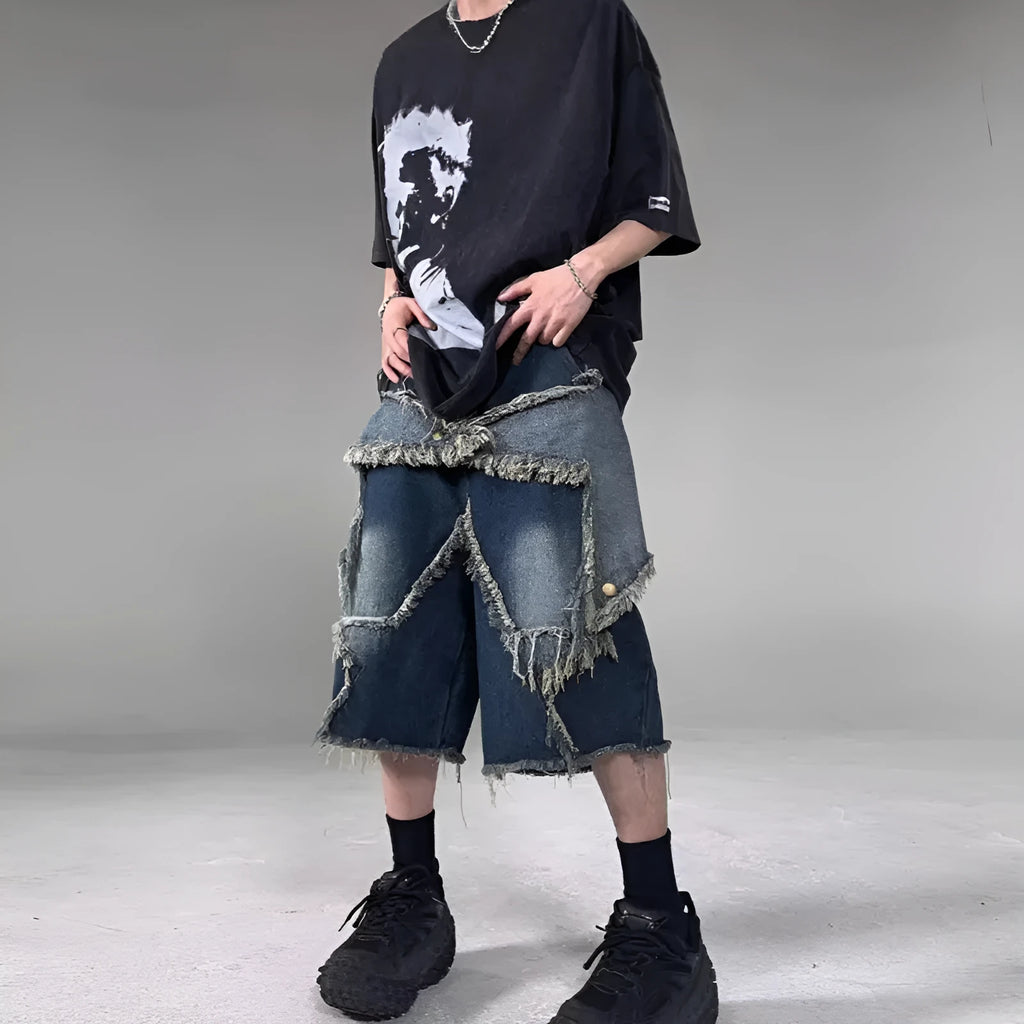 Blue men's denim shorts with frayed hem and five-pointed star patch in retro American style