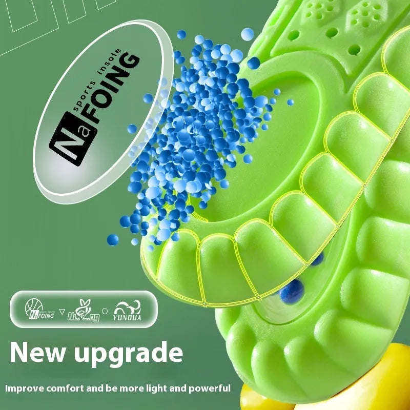 Green PU air cushion sports insole with argy wormwood for shock absorption and sweat management.