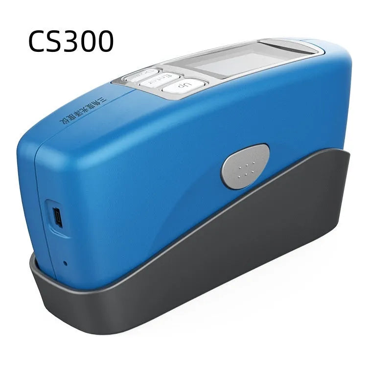 Portable glossiness tester device showing CS-300 CS-300S CS-380 models for surface gloss measurement