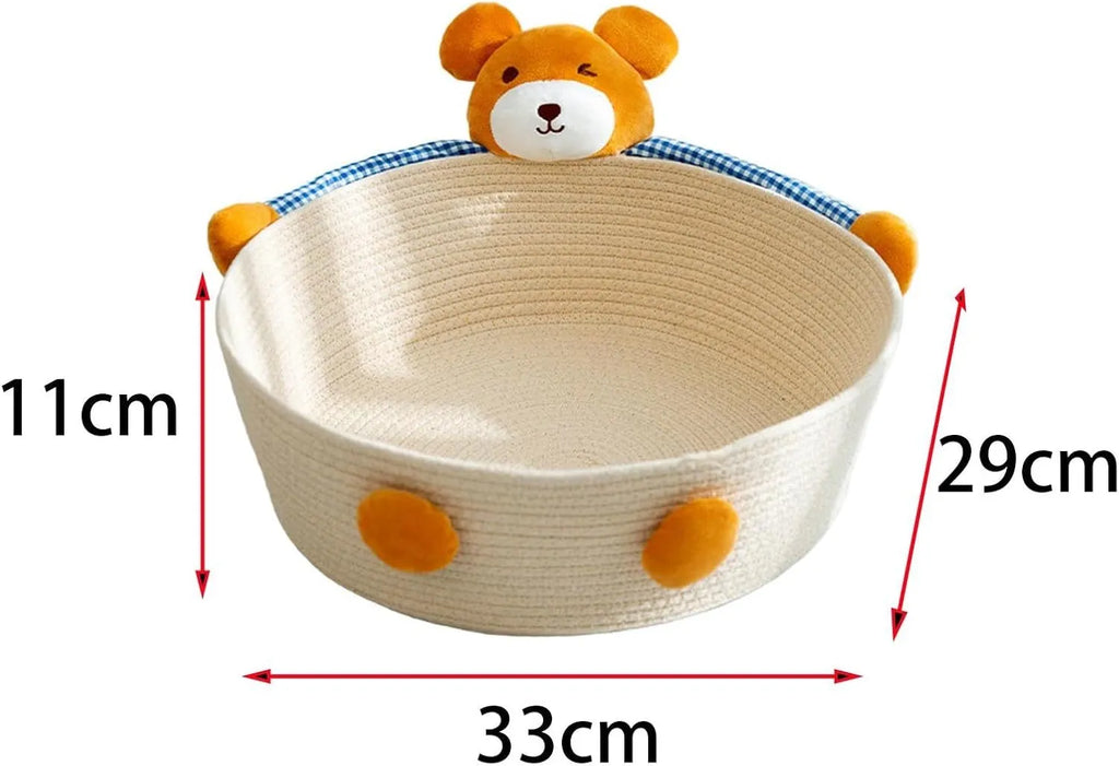 Woven cotton rope cat bed with integrated scratching surface in bear design