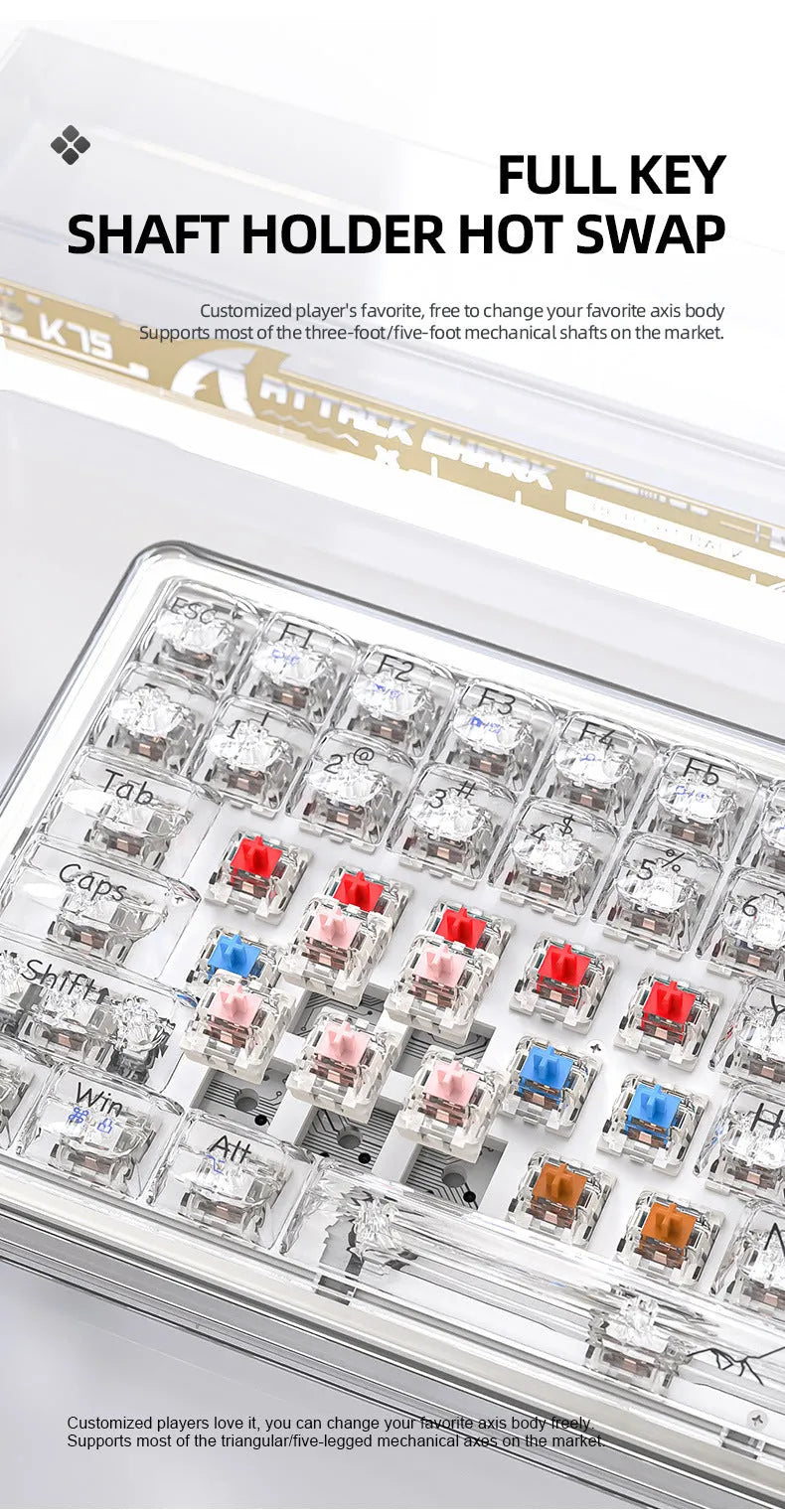 Attack Shark K75RGB wireless mechanical keyboard with transparent white case and RGB backlighting on a desk.