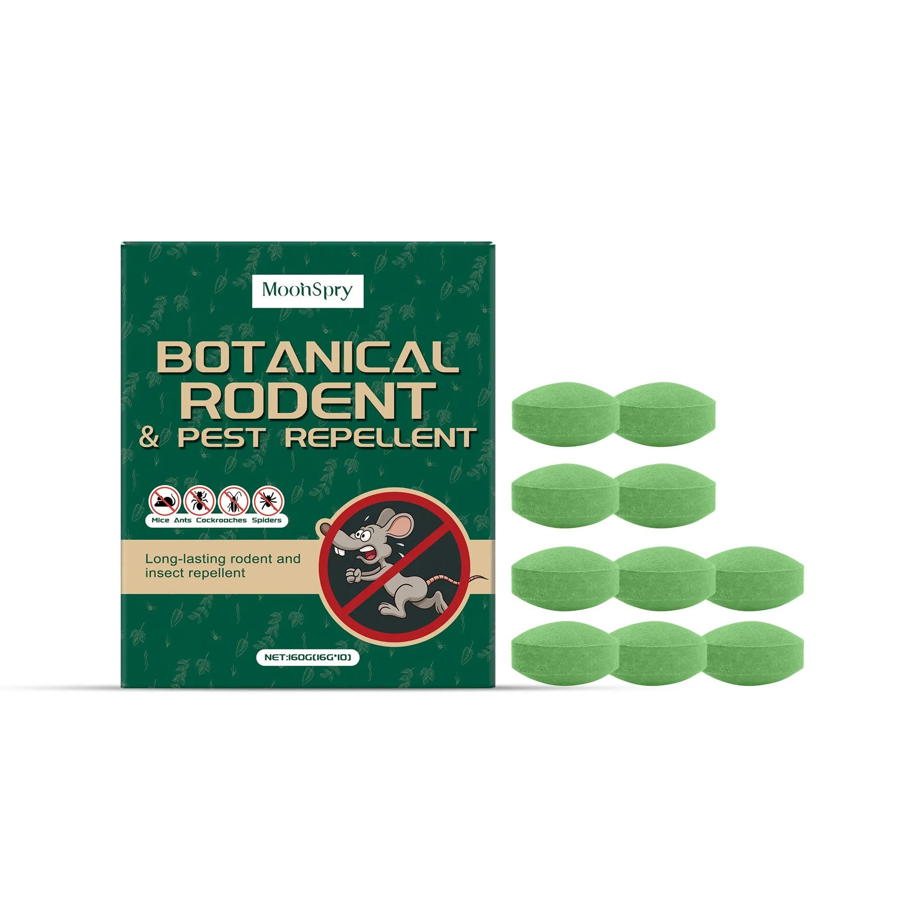 Pack of ten 16g anti-mouse repellent pills and three mesh bags for warehouse and household pest control