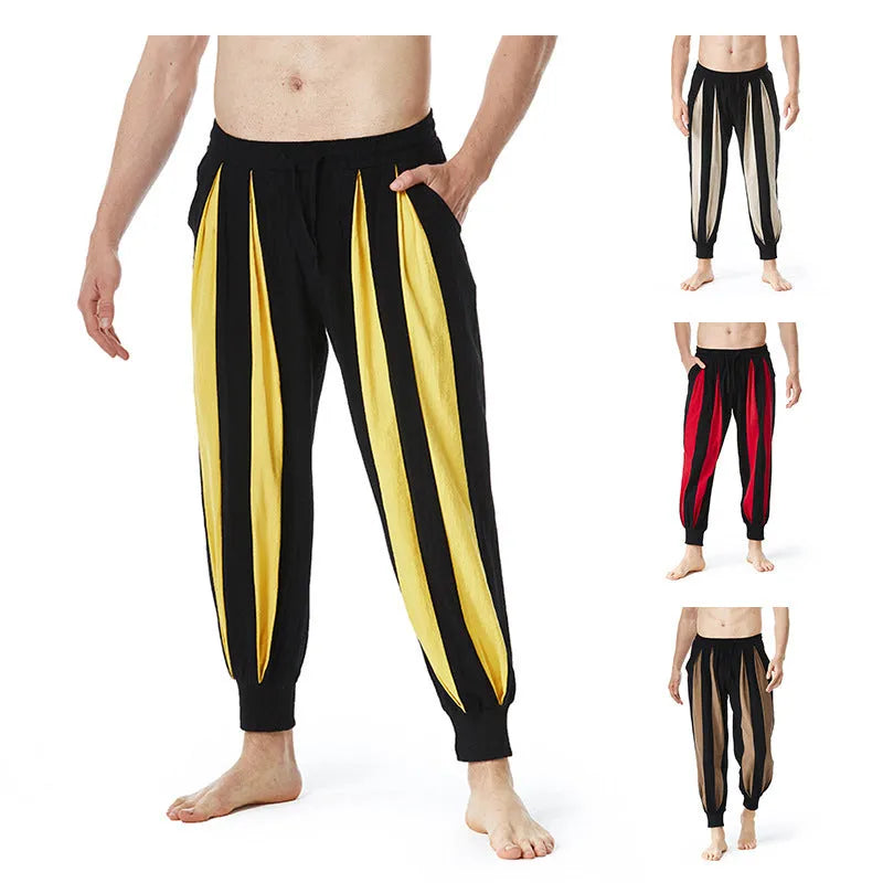 Men's straight leg casual trousers in polyester available in red, khaki, yellow and brown colours