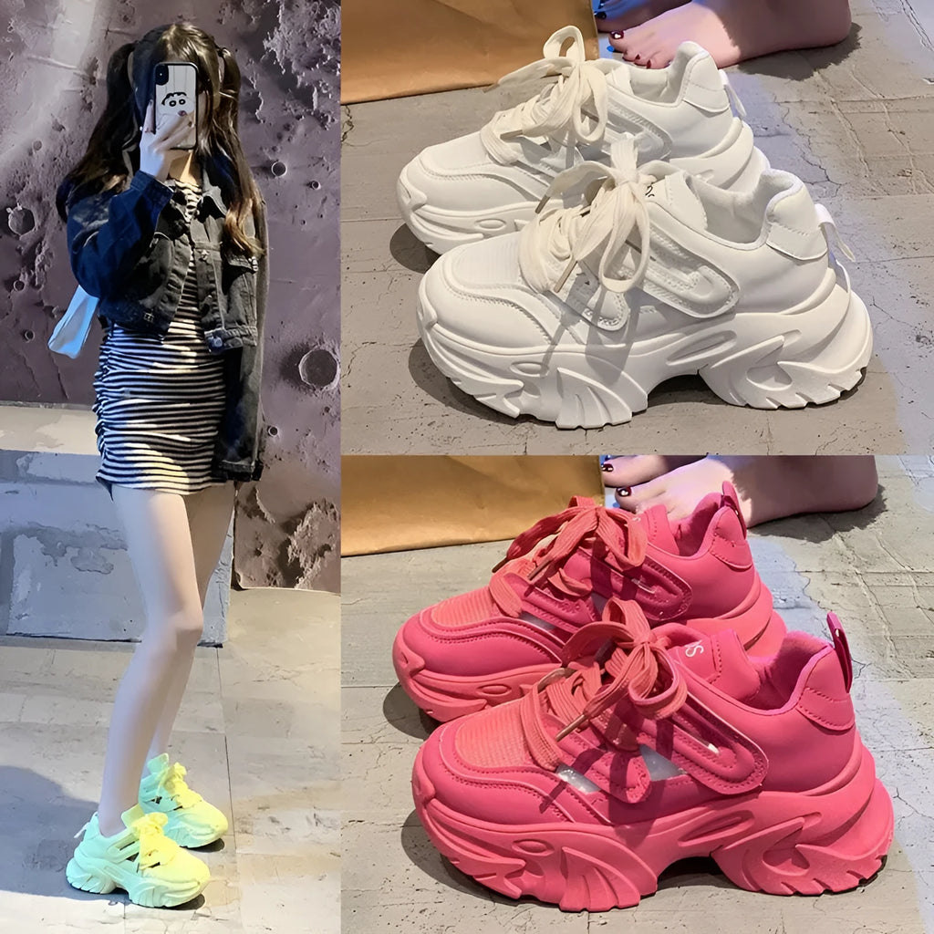 Women's height increasing platform sports casual shoe in beige with thick sole and front lace-up