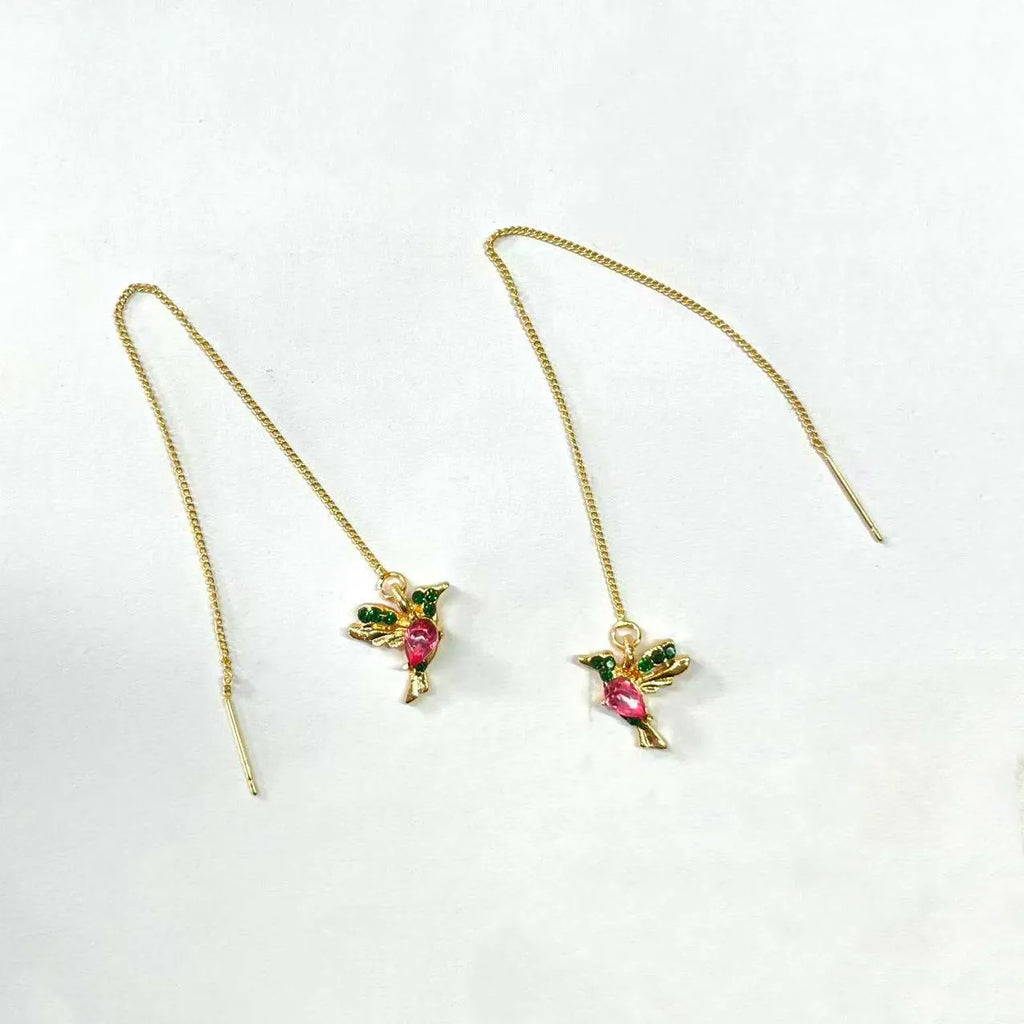 Personalised long drop earrings with bird design and mixed zirconium wings in three colour options