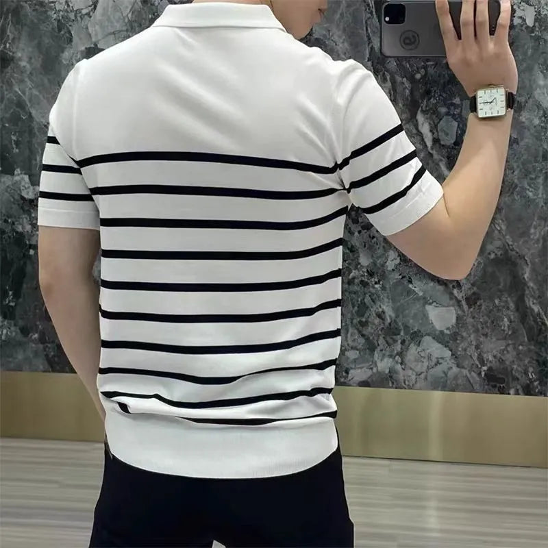 Black and white striped men's knitted T-shirt with a lapel collar, laid flat.