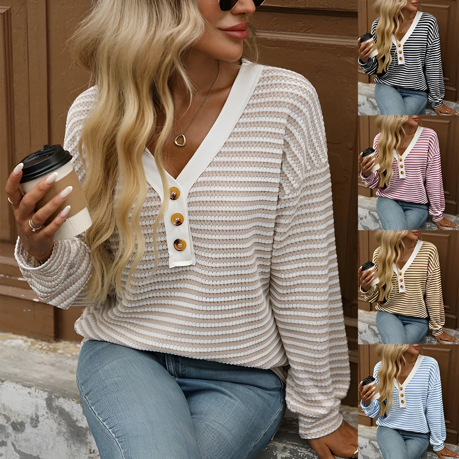 Women's long sleeve V-neck pullover top with button details and patchwork design in loose fit