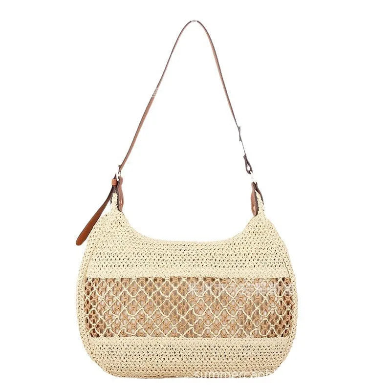 Women's casual straw cross body bag in horizontal square shape with sandwich pocket, shown in khaki colour.