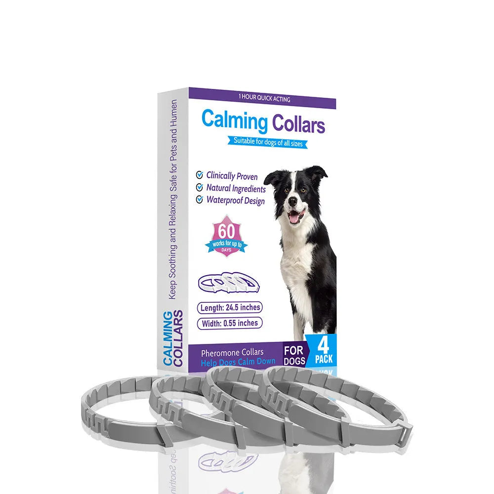 Four dog anxiety relief collars in different colours with Chinese-style patterns and adjustable clasps