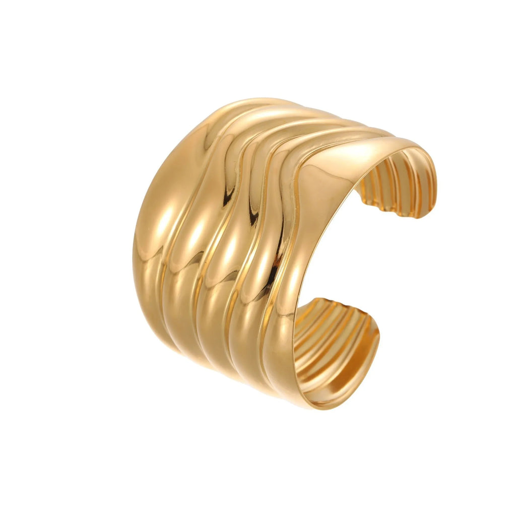 Women's wide stainless steel bracelet with gold plating and niche opening design